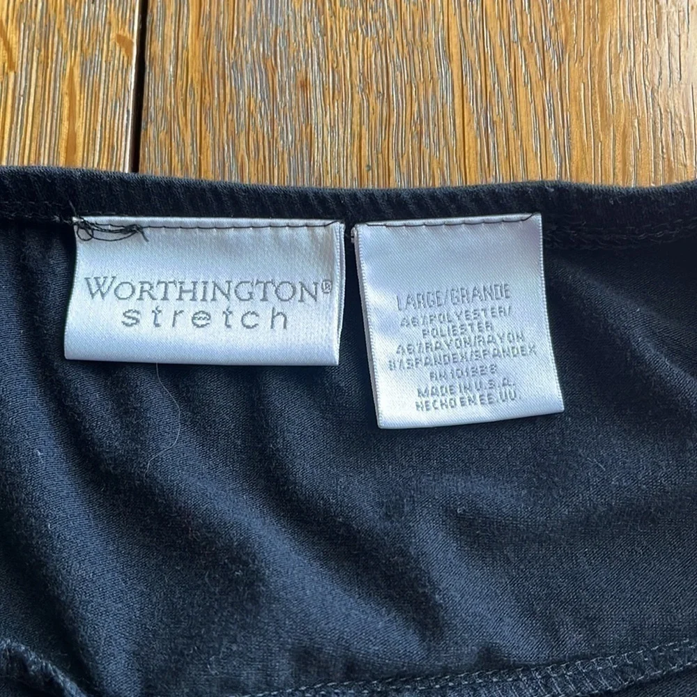 Worthington stretch black mock wrap skirt, polyester rayon spandex, blend size L